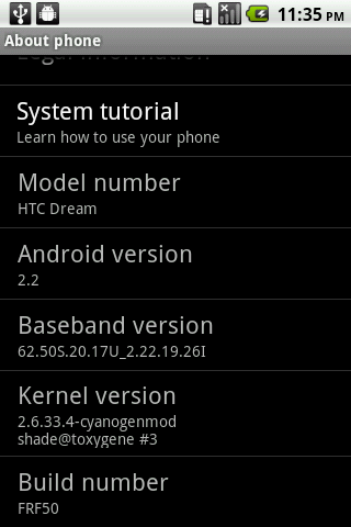 Rogers HTC Dream Android 2.2 OS Update FRF50 32a Alpha image image